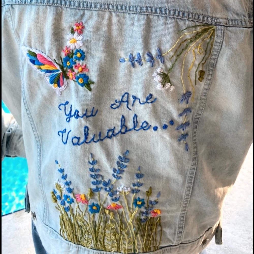 SOLD ————YOU ARE VALUABLE Hand Embroidered Denim Jacket